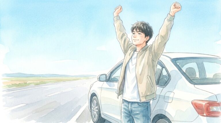長い運転のあと、車の外で気持ちよさそうに伸びをする20代男性のイラスト