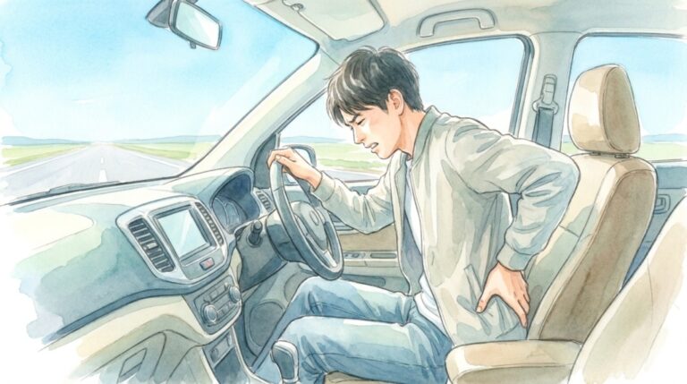 運転席で腰を押さえる20代男性のイラスト