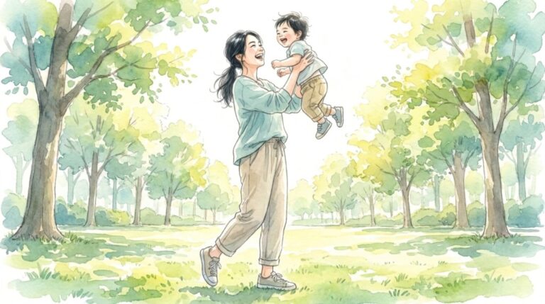 公園で子どもを笑顔で抱き上げる女性