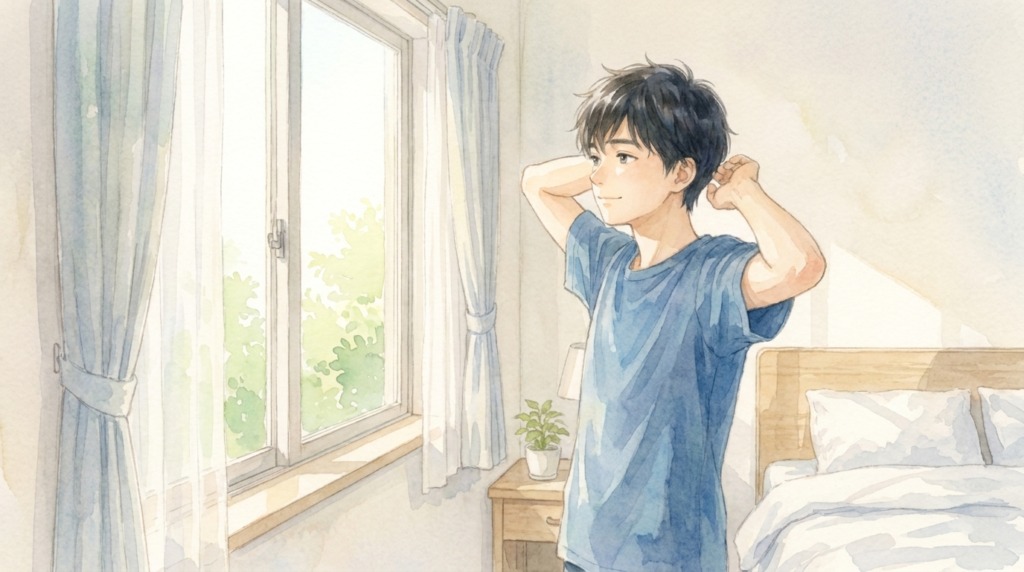 朝すっきり目覚めて伸びをする10代の男の子のイラスト