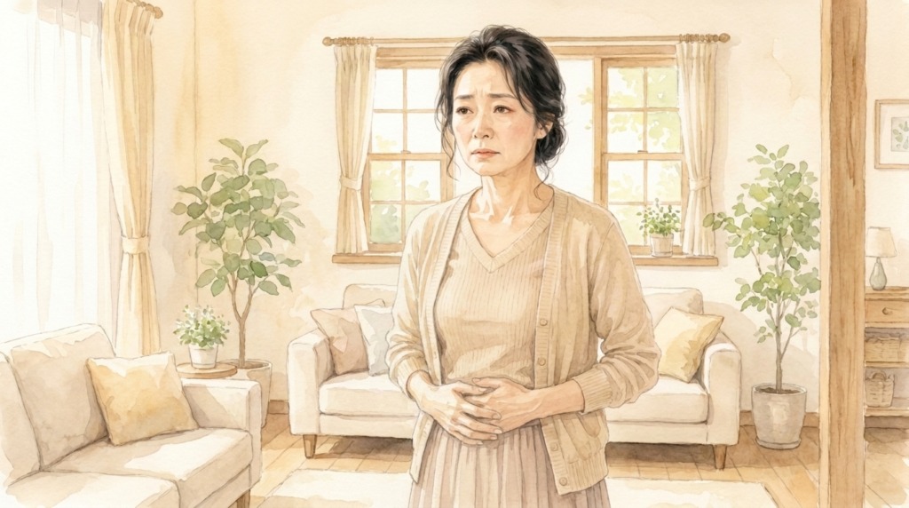 おへそから腰まわりの冷えを感じている女性のイラスト