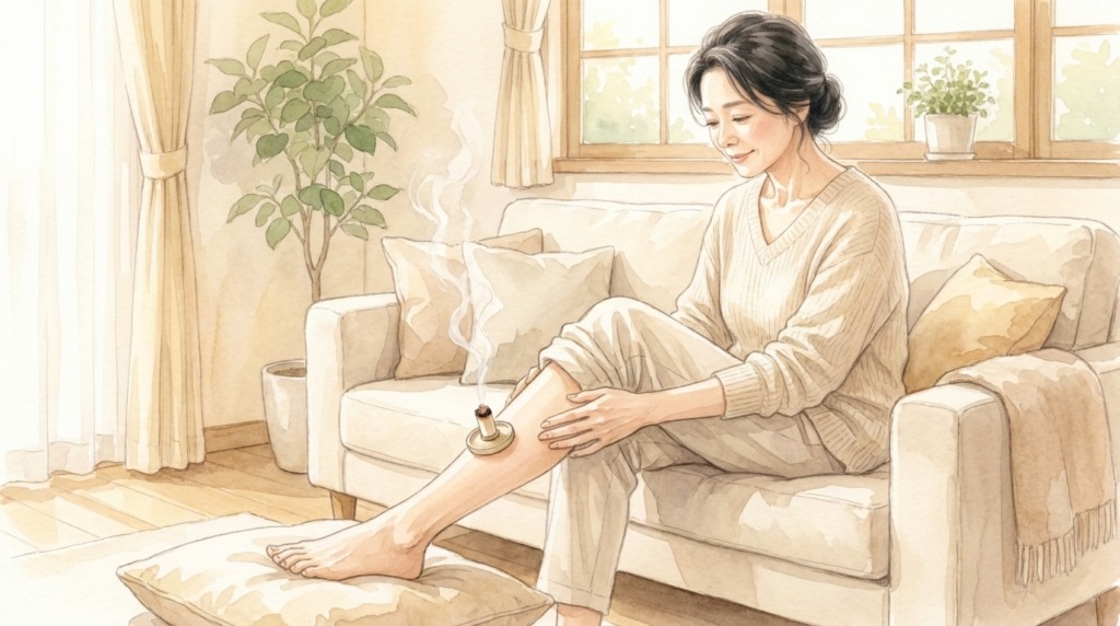 自宅で足三里にお灸をすえてくつろぐ女性のイラスト