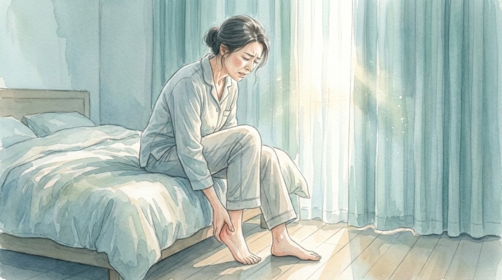 朝、ベッドから起き上がって床に足をついた瞬間、かかとの痛みに顔をしかめる女性