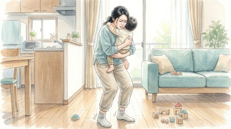 小さな子どもを抱っこして立ちながら、足の痛みに顔をしかめる女性
