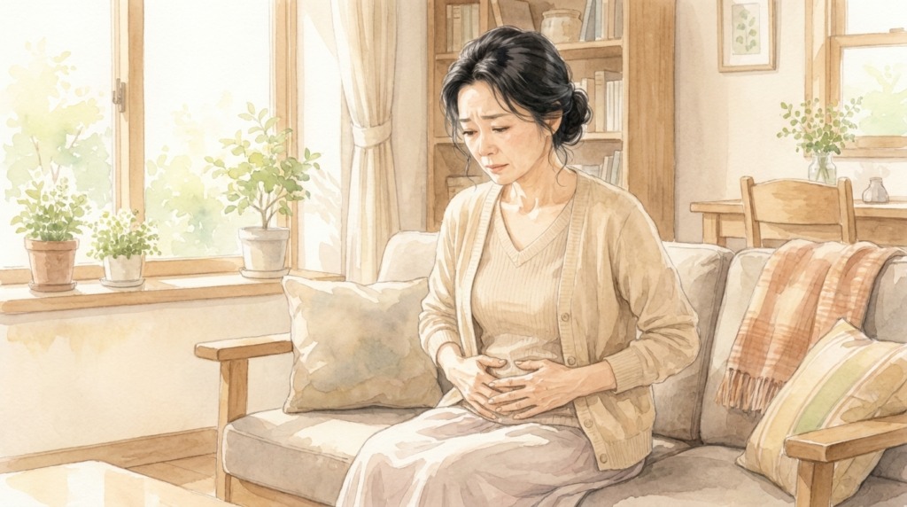 下腹部に手を当てて不調を気にする女性