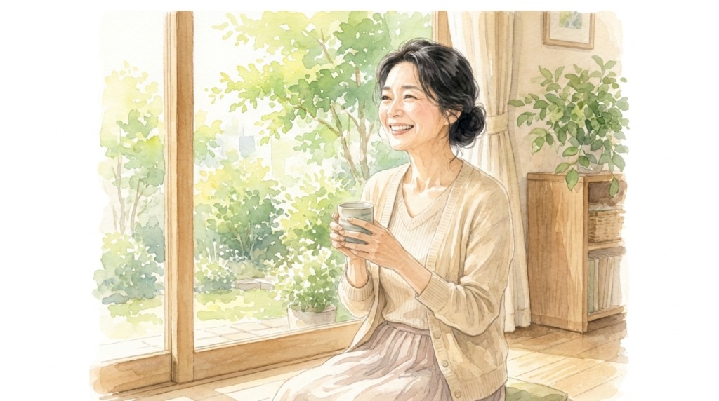 悩みが和らぎ、窓辺でくつろぐ晴れやかな表情の女性