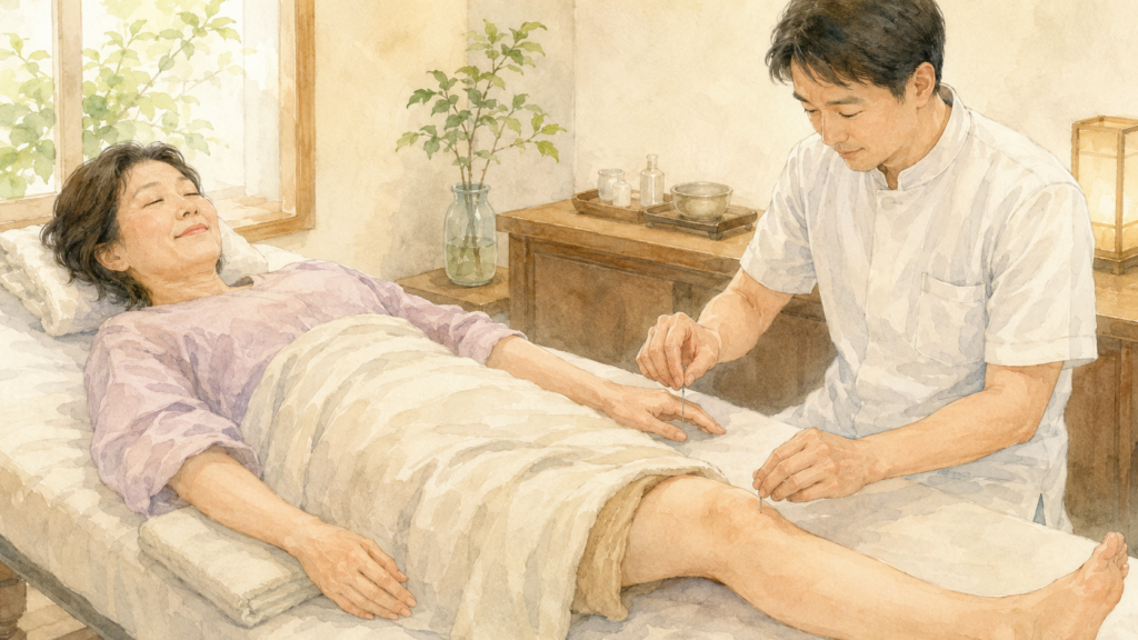 施術ベッドで手と足に鍼を受け、リラックスする女性のイラスト