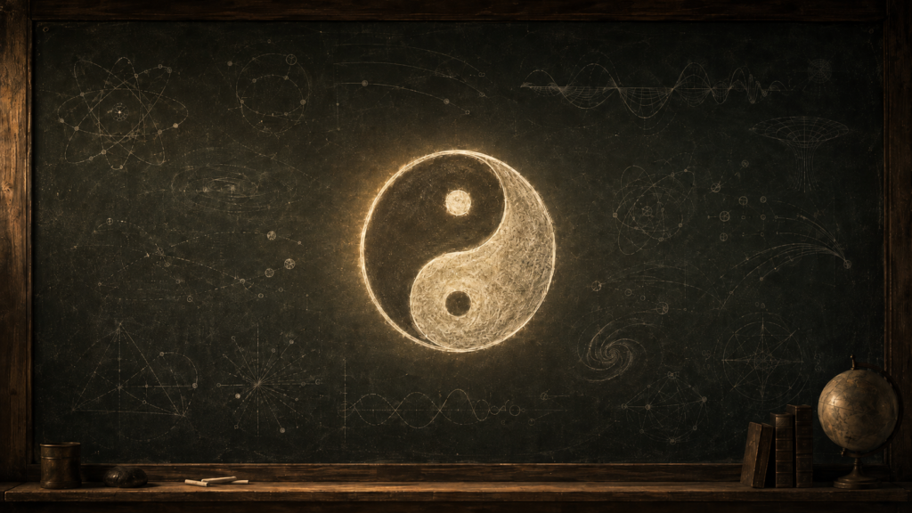 黒板に描かれた太極図と物理の図。東洋思想と量子論の出会いのイメージ