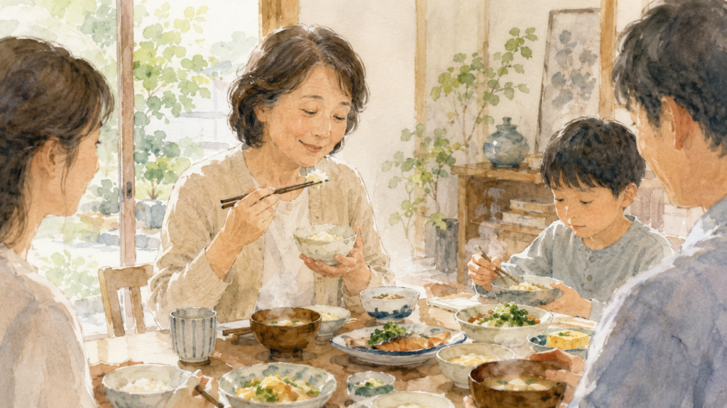 家族と一緒に穏やかに食事を楽しむ女性のイラスト