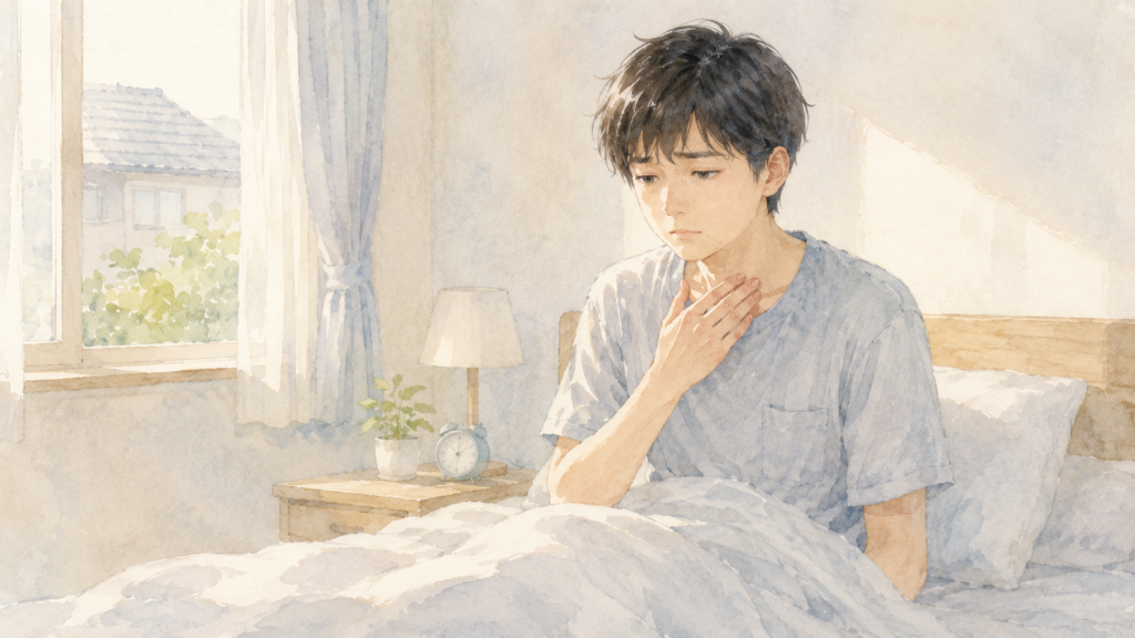 起床時に喉の違和感を感じる男性