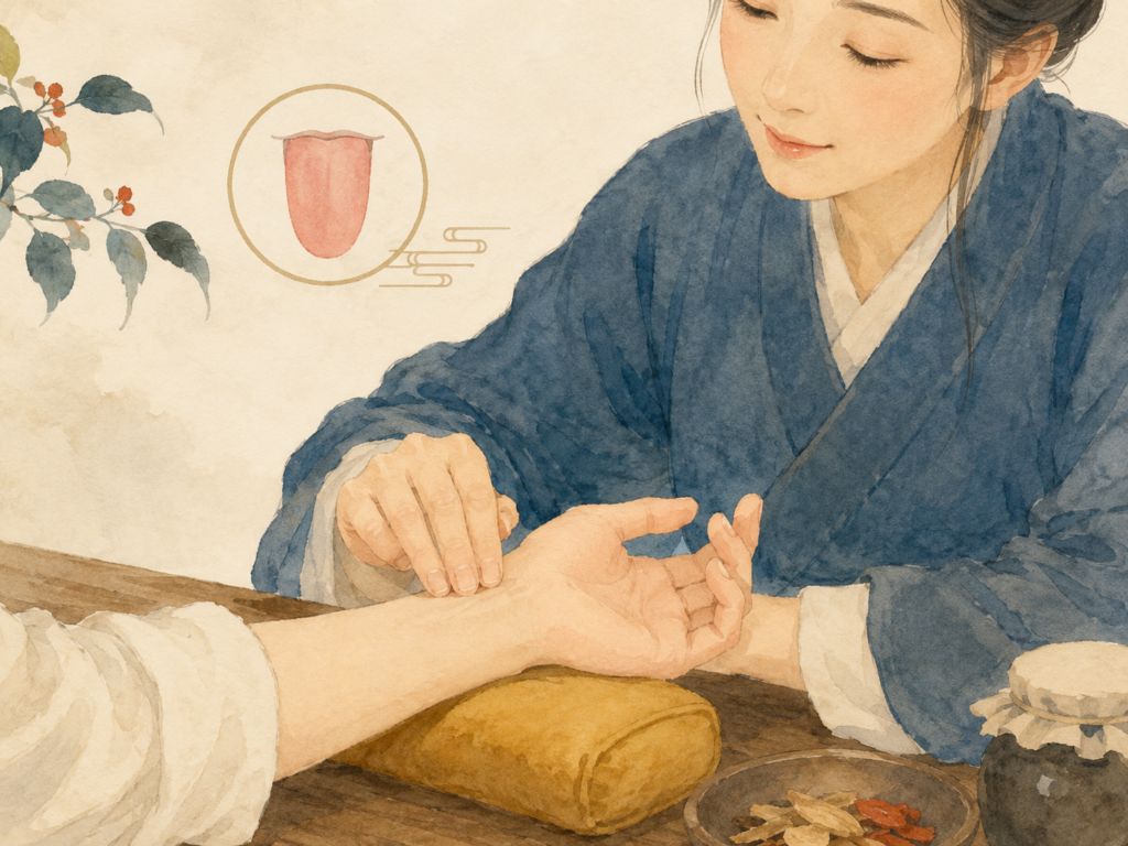手首の脈をみる施術者と、舌を見る舌診のイメージ