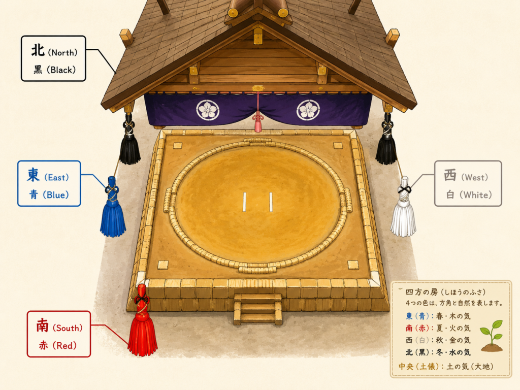 相撲の土俵の四隅の房。東=青、南=赤、西=白、北=黒、中央=土をあらわす五行の色