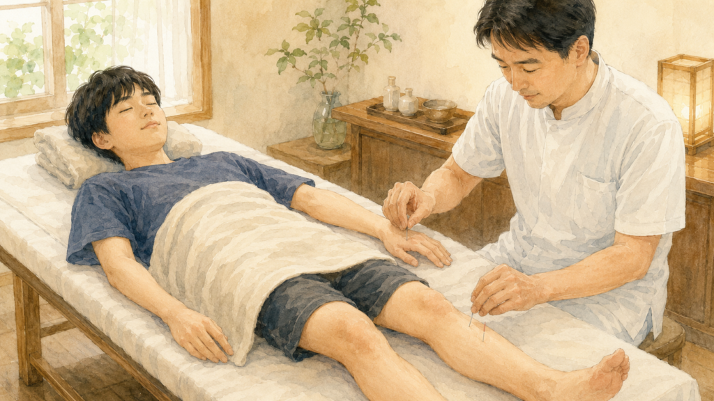 10代男性への手足のツボの鍼施術