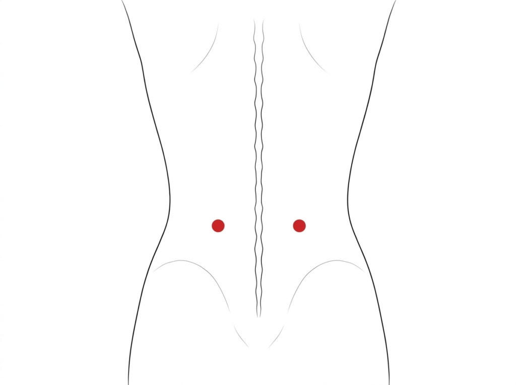 腎兪（じんゆ）の位置。腰のいちばんくびれた高さで、背骨から指2本ぶん外側