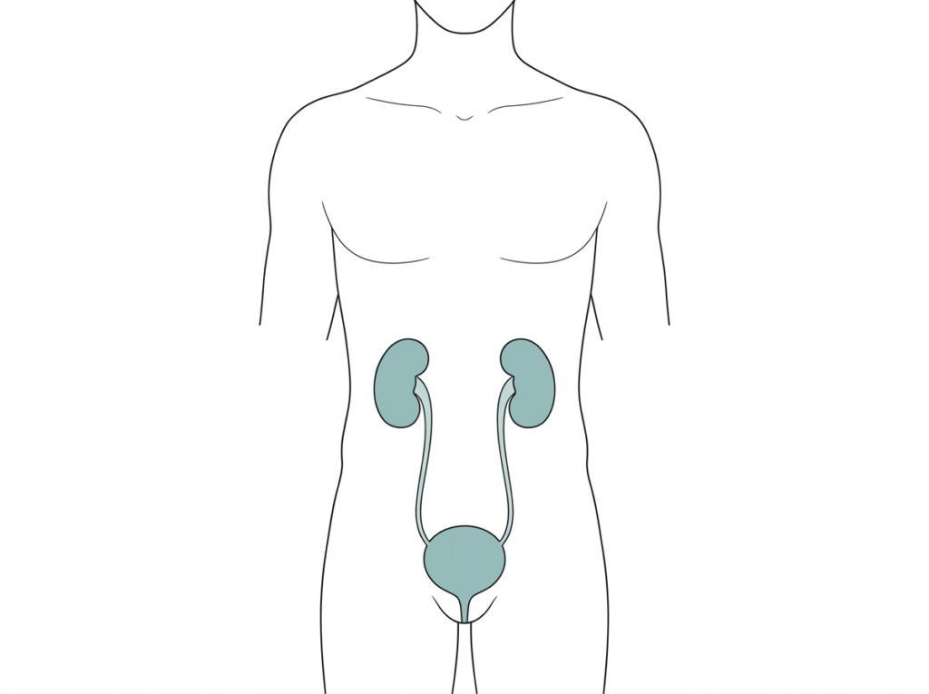 腎と膀胱の位置。腰のあたりに左右ひとつずつの腎と、下腹部の膀胱が管でつながっている