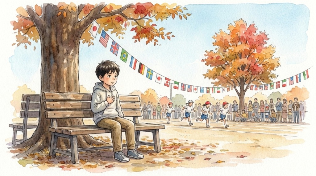 秋の運動会の日、校庭のベンチから同級生が走るのを眺めている少年（イメージ）
